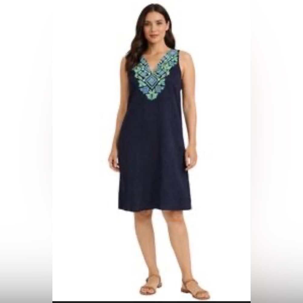 J Crew Embroidered Navy Sleeveless Linen Shift Dress XL